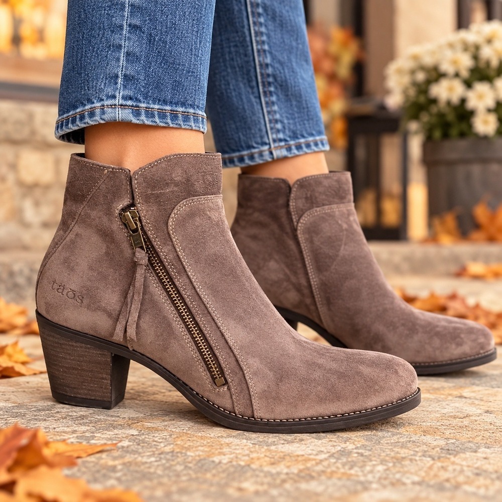 Taos Dillie Ankle Boots 11 11.5 EU42 Taupe Suede Leather Side Zip NIB